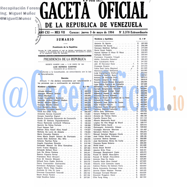 Gaceta Oficial 3378 del 3 Mayo 1984