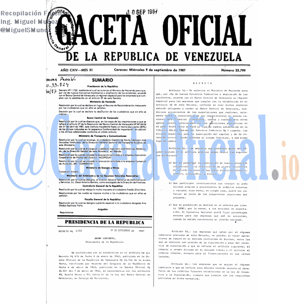 Gaceta Oficial 33799 del 9 Septiembre 1987