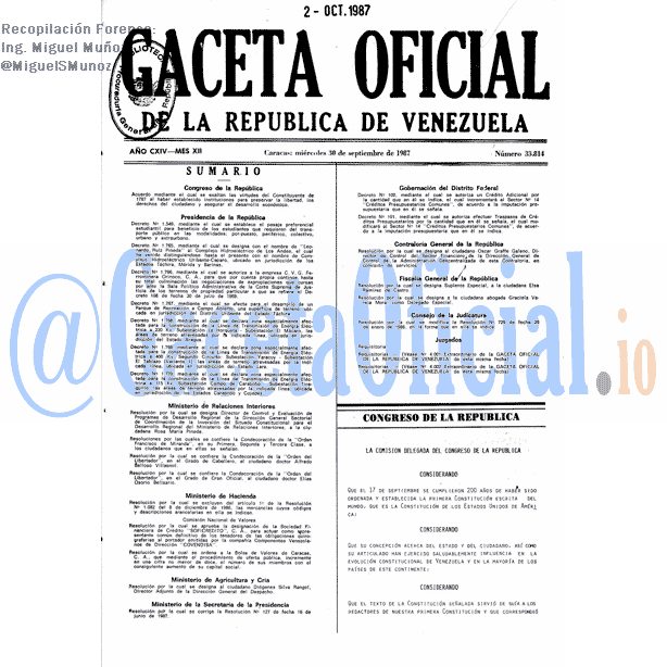 Gaceta Oficial 33814 del 30 Septiembre 1987