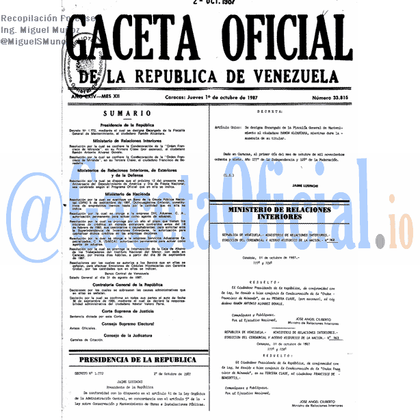Gaceta Oficial 33815 del 1 Octubre 1987