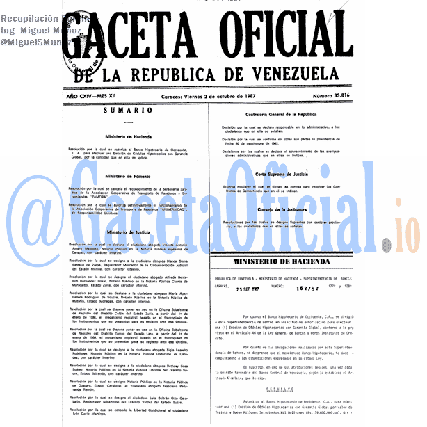 Gaceta Oficial 33816 del 2 Octubre 1987