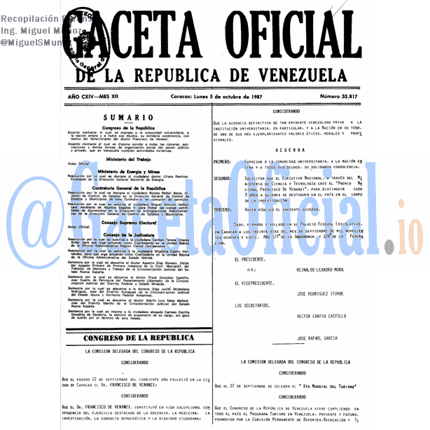 Gaceta Oficial 33817 del 5 Octubre 1987