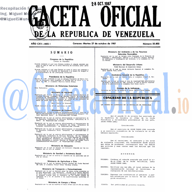 Gaceta Oficial 33832 del 27 Octubre 1987