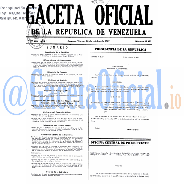 Gaceta Oficial 33835 del 30 Octubre 1987