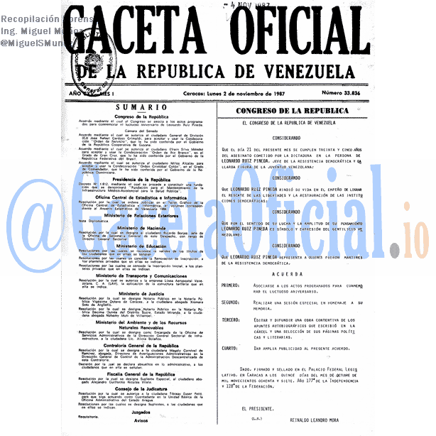 Gaceta Oficial 33836 del 2 Noviembre 1987
