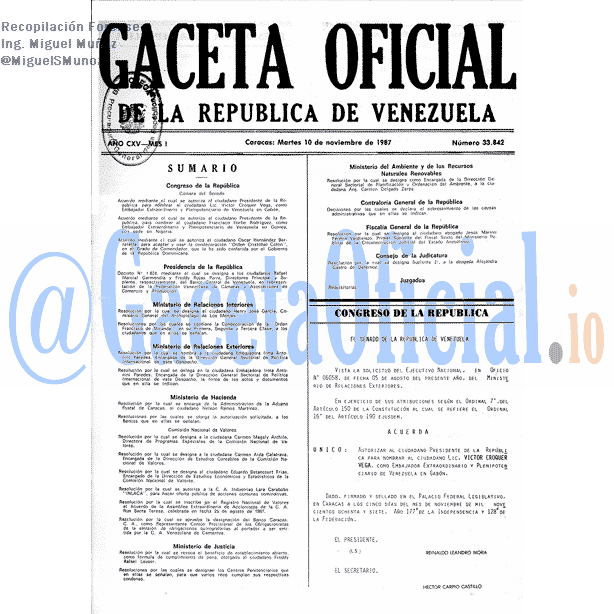 Gaceta Oficial 33842 del 10 Noviembre 1987