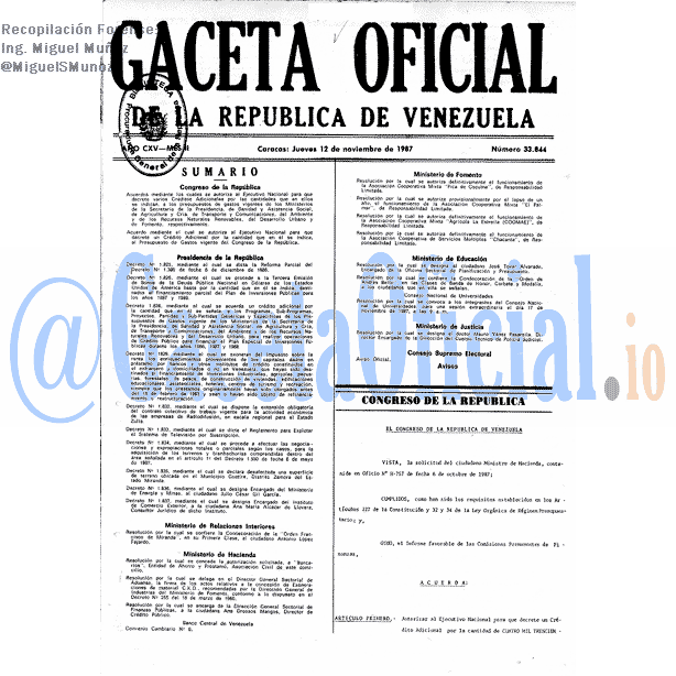 Gaceta Oficial 33844 del 12 Noviembre 1987