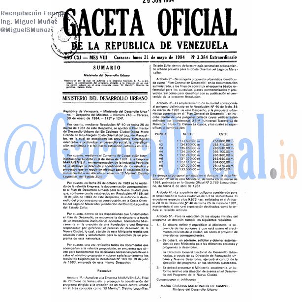 Gaceta Oficial 3384 del 21 Mayo 1984