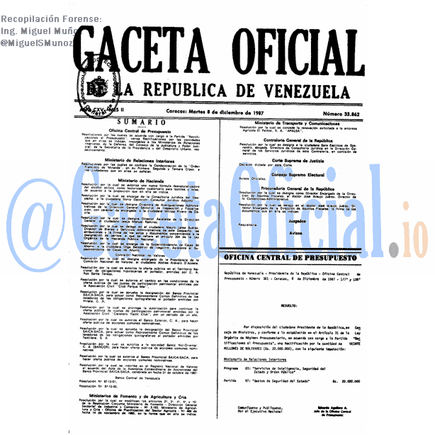 Gaceta Oficial 33862 del 8 Diciembre 1987