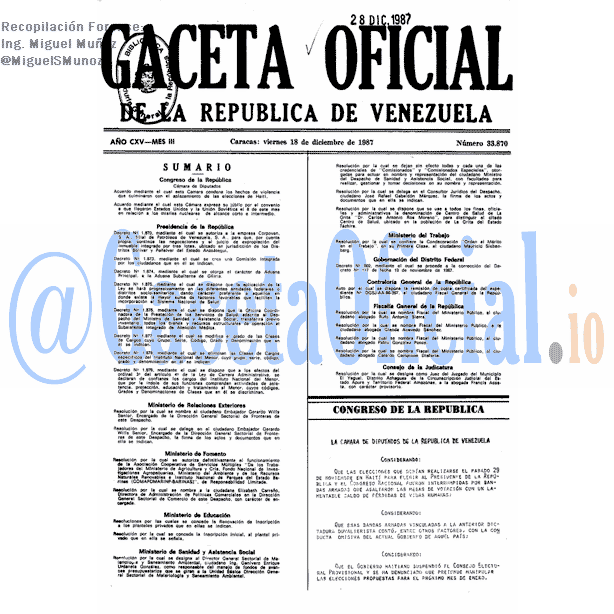Gaceta Oficial 33870 del 18 Diciembre 1987
