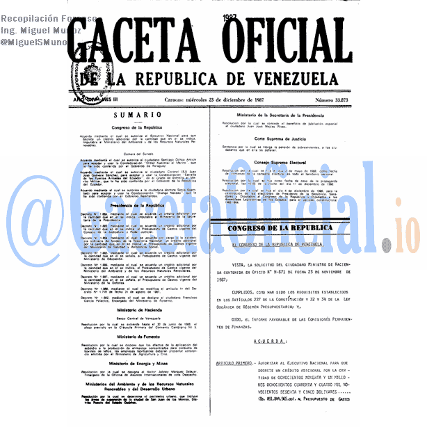 Gaceta Oficial 33873 del 23 Diciembre 1987