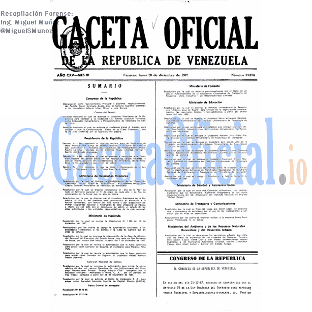 Gaceta Oficial 33874 del 24 Diciembre 1987