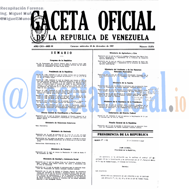 Gaceta Oficial 33876 del 30 Diciembre 1987