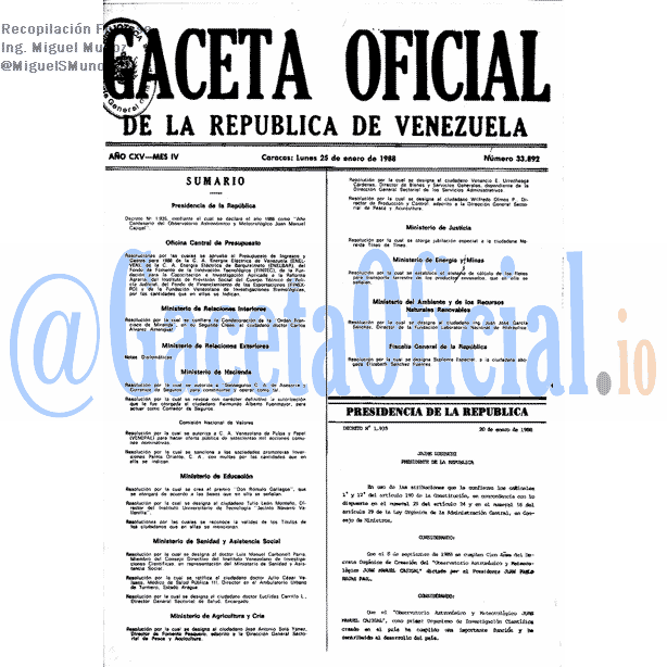 Gaceta Oficial 33892 del 25 Enero 1988