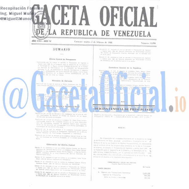 Gaceta Oficial 33898 del 2 Febrero 1988
