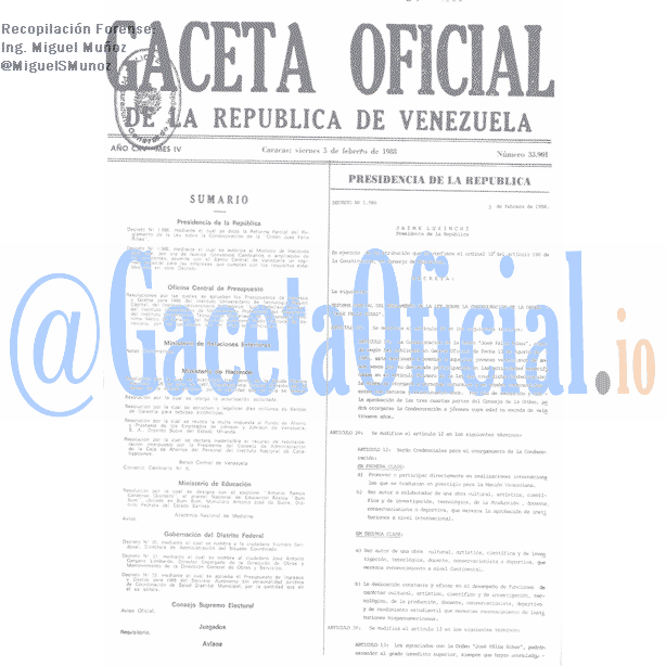 Gaceta Oficial 33901 del 5 Febrero 1988