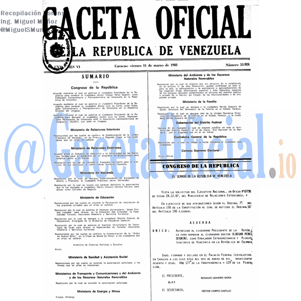 Gaceta Oficial 33924 del 11 Marzo 1988