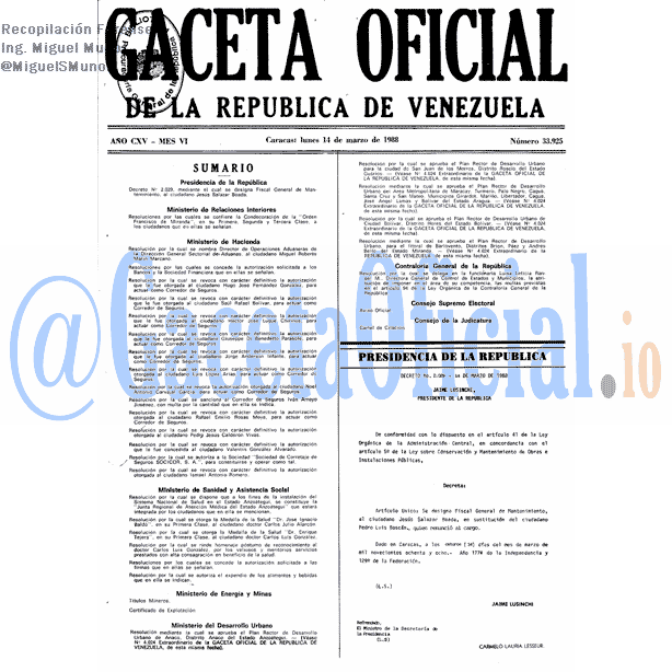 Gaceta Oficial 33925 del 14 Marzo 1988