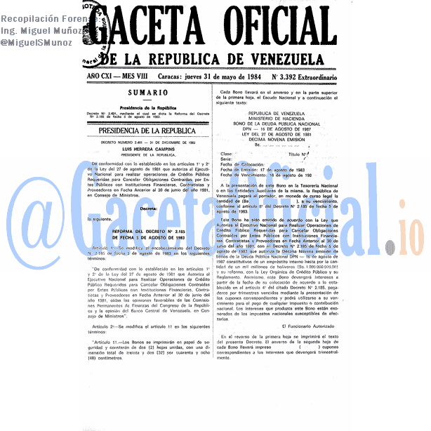 Gaceta Oficial 3392 del 31 Mayo 1984