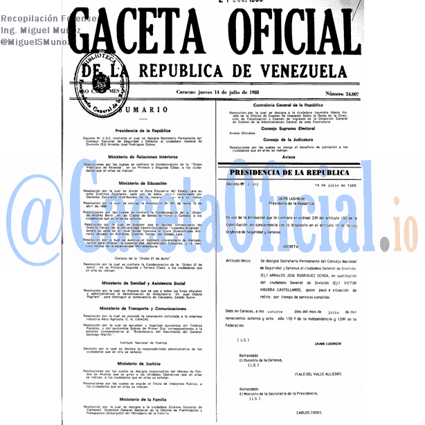 Gaceta Oficial 34007 del 14 Julio 1988