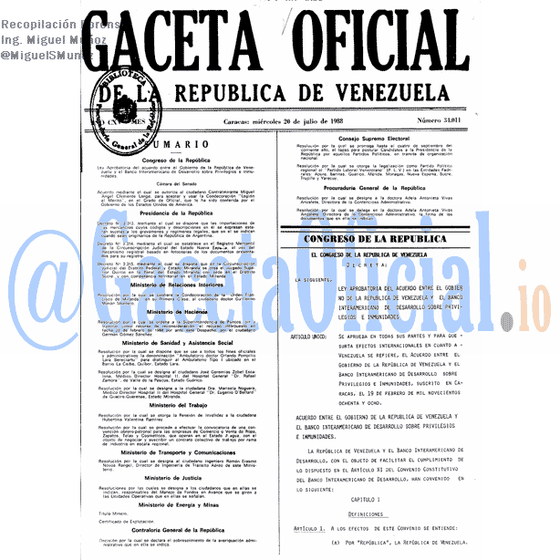 Gaceta Oficial 34011 del 20 Julio 1988