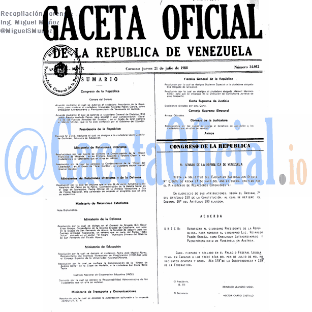 Gaceta Oficial 34012 del 21 Julio 1988