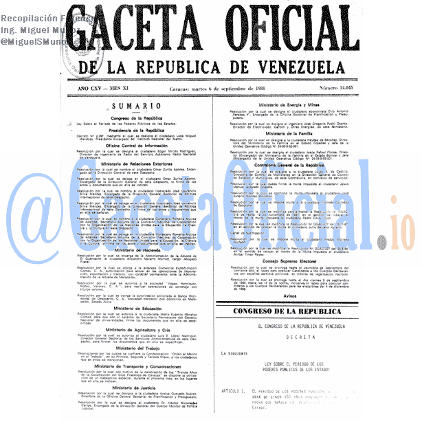 Gaceta Oficial 34045 del 6 Septiembre 1988