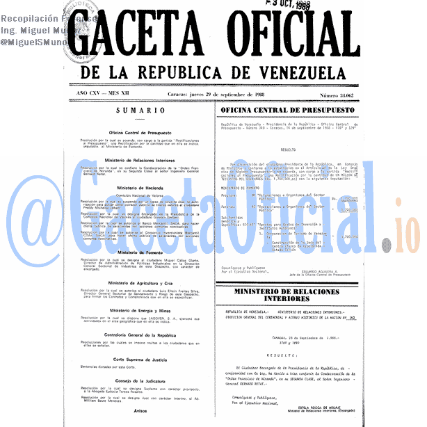 Gaceta Oficial 34062 del 29 Septiembre 1988