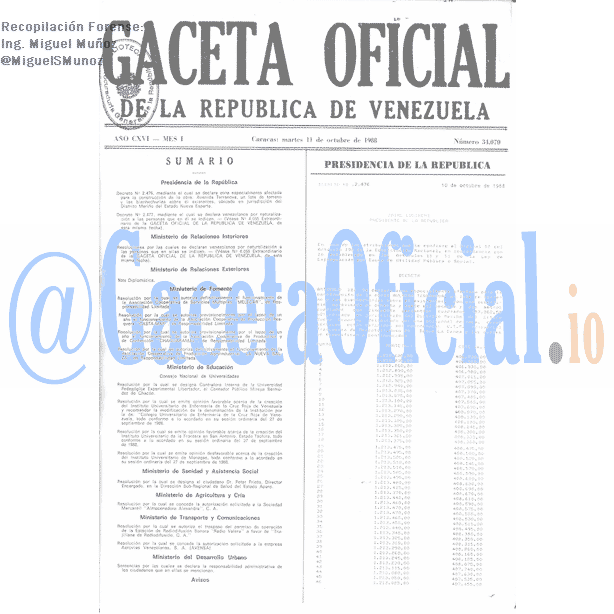 Gaceta Oficial 34070 del 11 Octubre 1988
