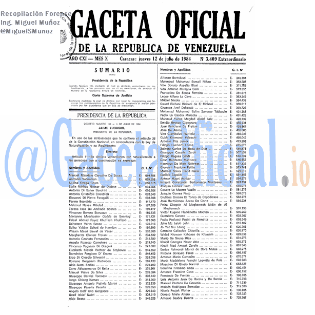 Gaceta Oficial 3409 del 12 Julio 1984