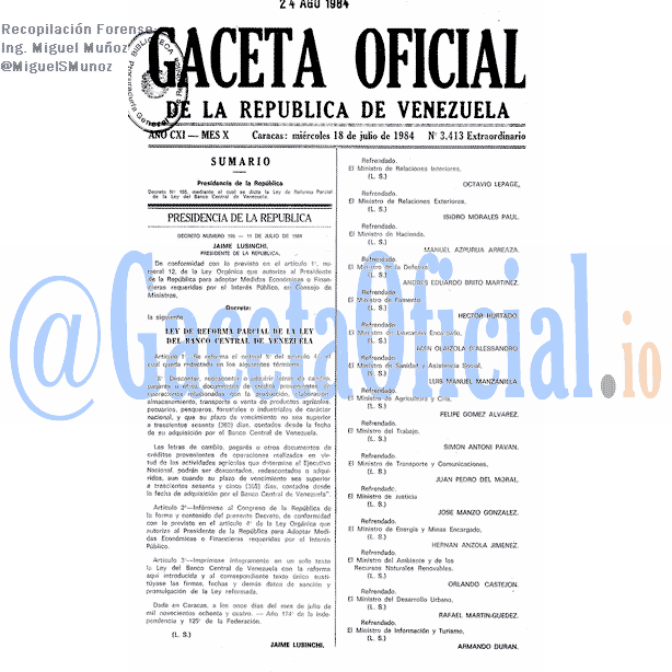 Gaceta Oficial 3413 del 18 Julio 1984