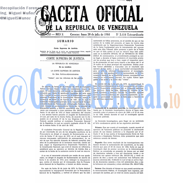 Gaceta Oficial 3414 del 30 Julio 1984