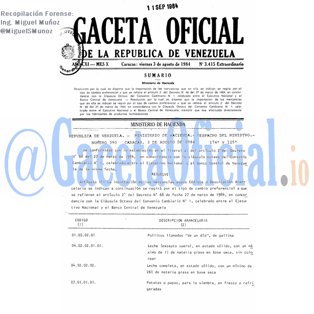 Gaceta Oficial 3415 del 3 Agosto 1984