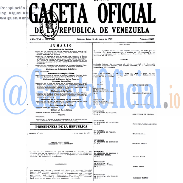 Gaceta Oficial 34219 del 15 Mayo 1989