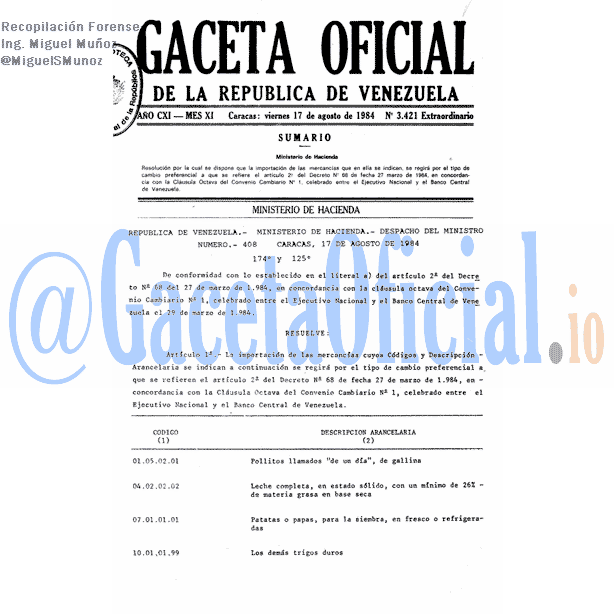 Gaceta Oficial 3421 del 17 Agosto 1984