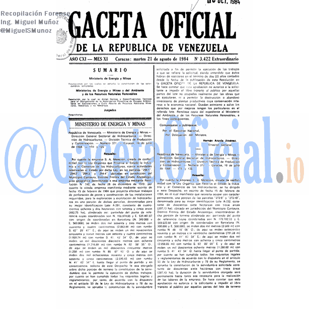 Gaceta Oficial 3422 del 21 Agosto 1984
