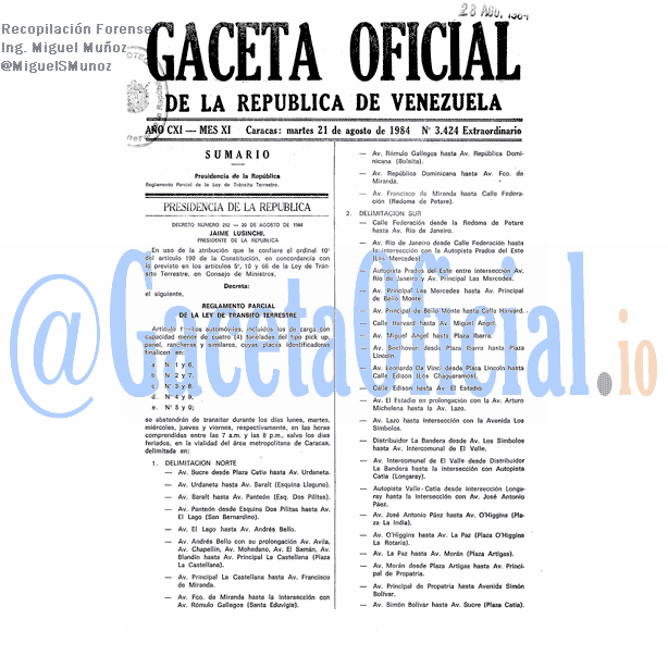 Gaceta Oficial 3424 del 21 Agosto 1984