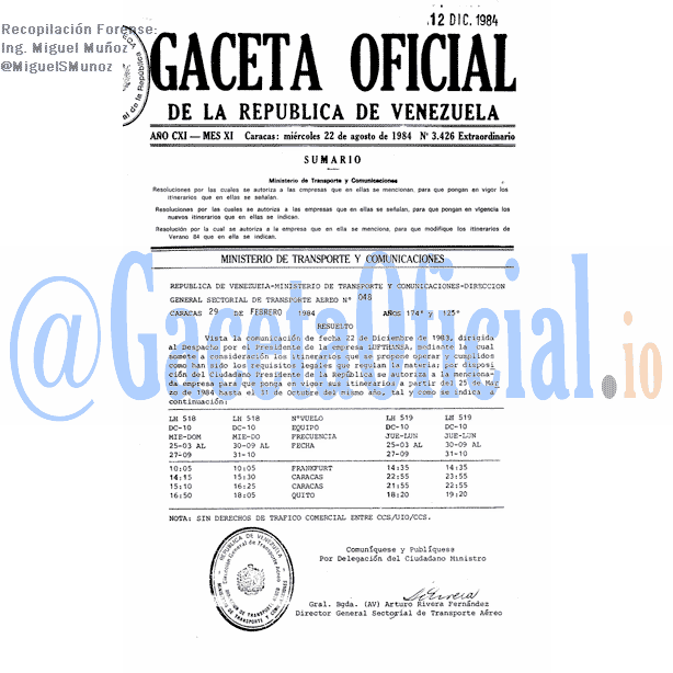 Gaceta Oficial 3426 del 22 Agosto 1984