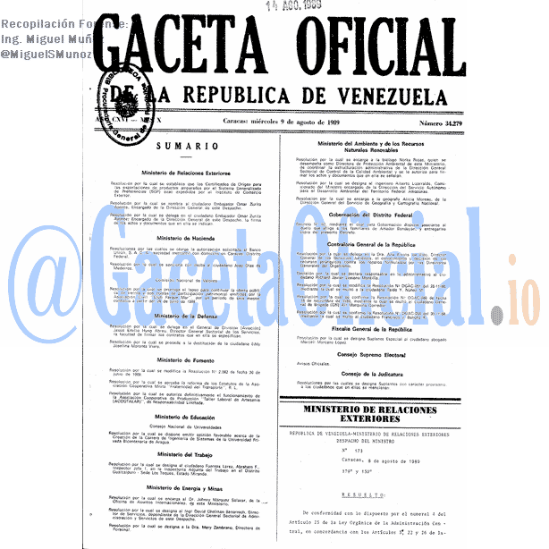 Gaceta Oficial 34279 del 9 Agosto 1989