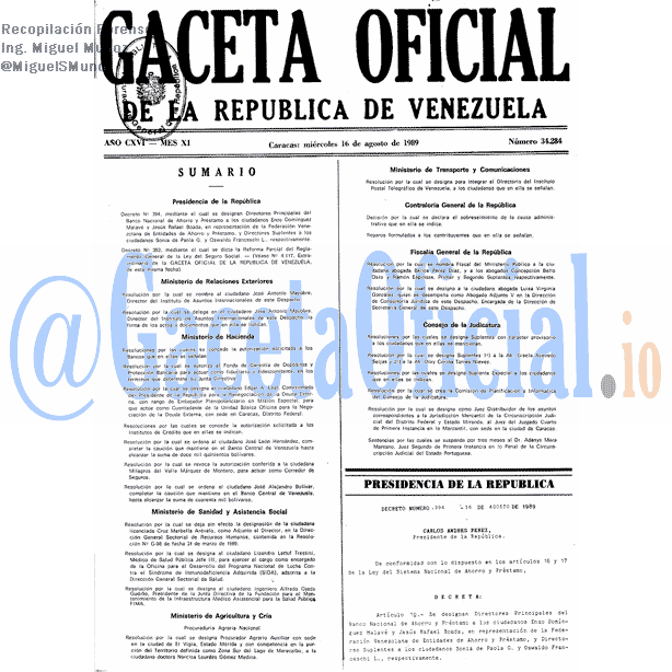 Gaceta Oficial 34284 del 16 Agosto 1989