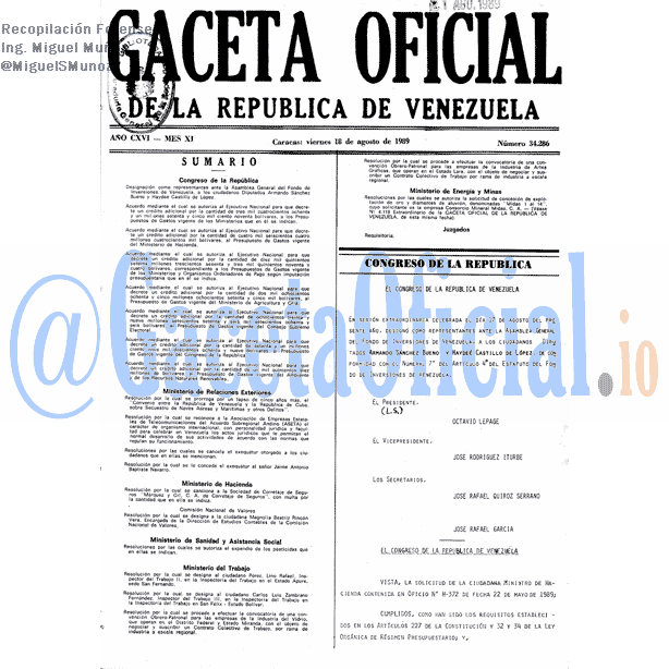 Gaceta Oficial 34286 del 18 Agosto 1989