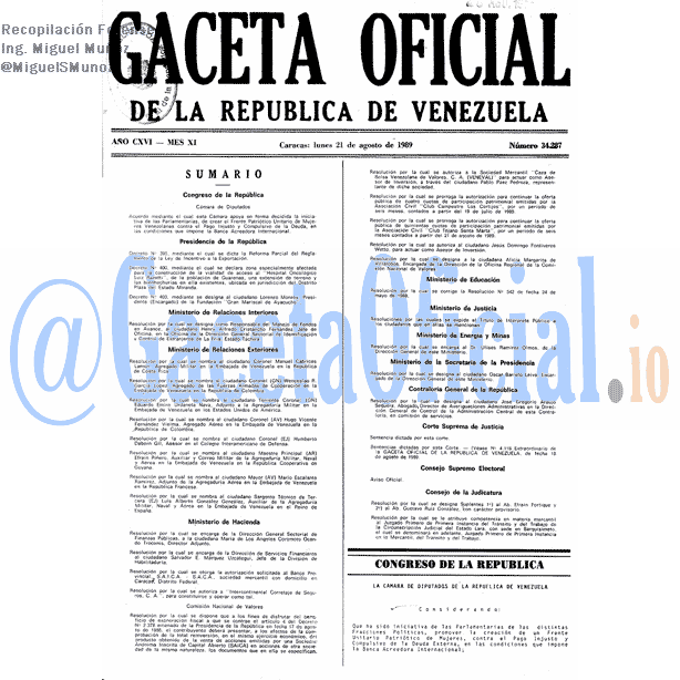 Gaceta Oficial 34287 del 21 Agosto 1989
