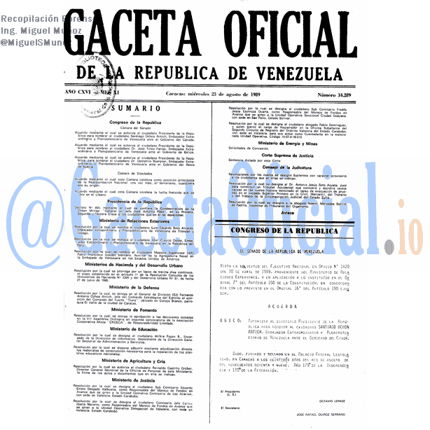 Gaceta Oficial 34289 del 23 Agosto 1989