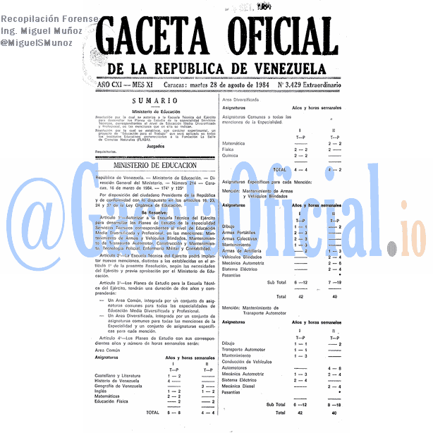Gaceta Oficial 3429 del 28 Agosto 1984