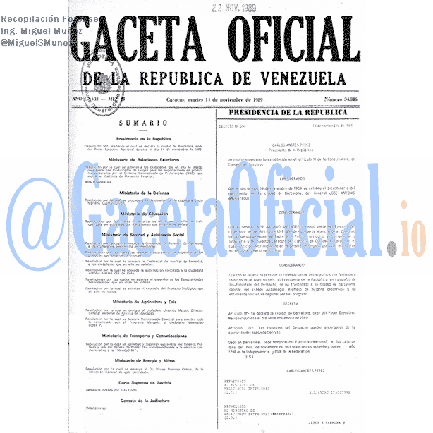Gaceta Oficial 34346 del 14 Noviembre 1989