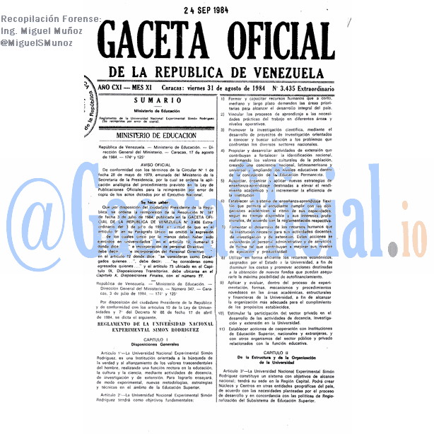 Gaceta Oficial 3435 del 31 Agosto 1984