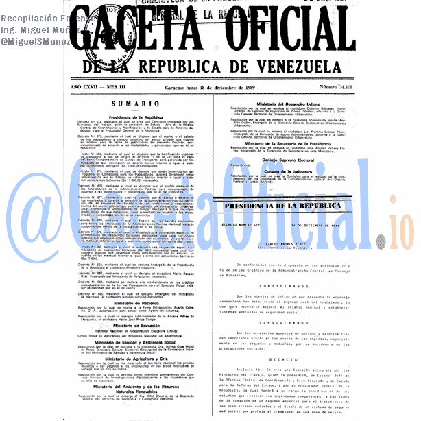 Gaceta Oficial 34370 del 18 Diciembre 1989