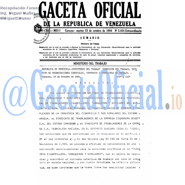 Gaceta Oficial 3454 del 23 Octubre 1984