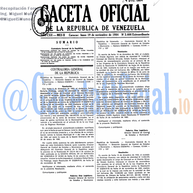 Gaceta Oficial 3466 del 19 Noviembre 1984