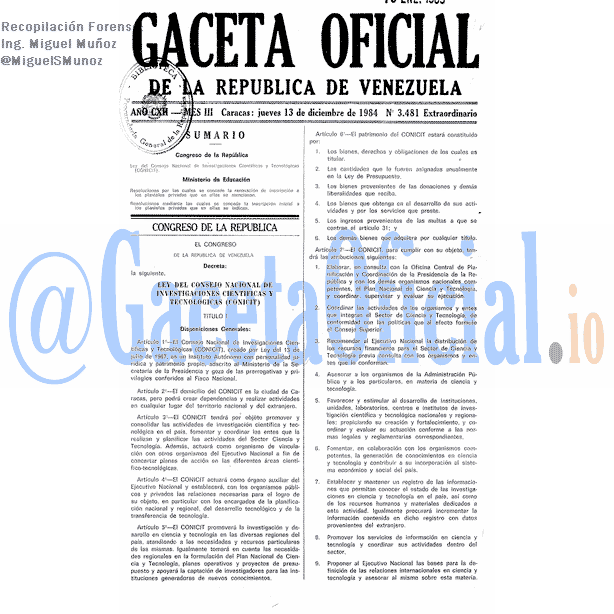 Gaceta Oficial 3481 del 13 Diciembre 1984